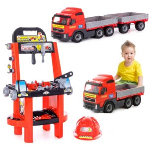 czerwony warsztar z narzędziami dla dzieci, kas oraz duża ciężarówka z przyczepą